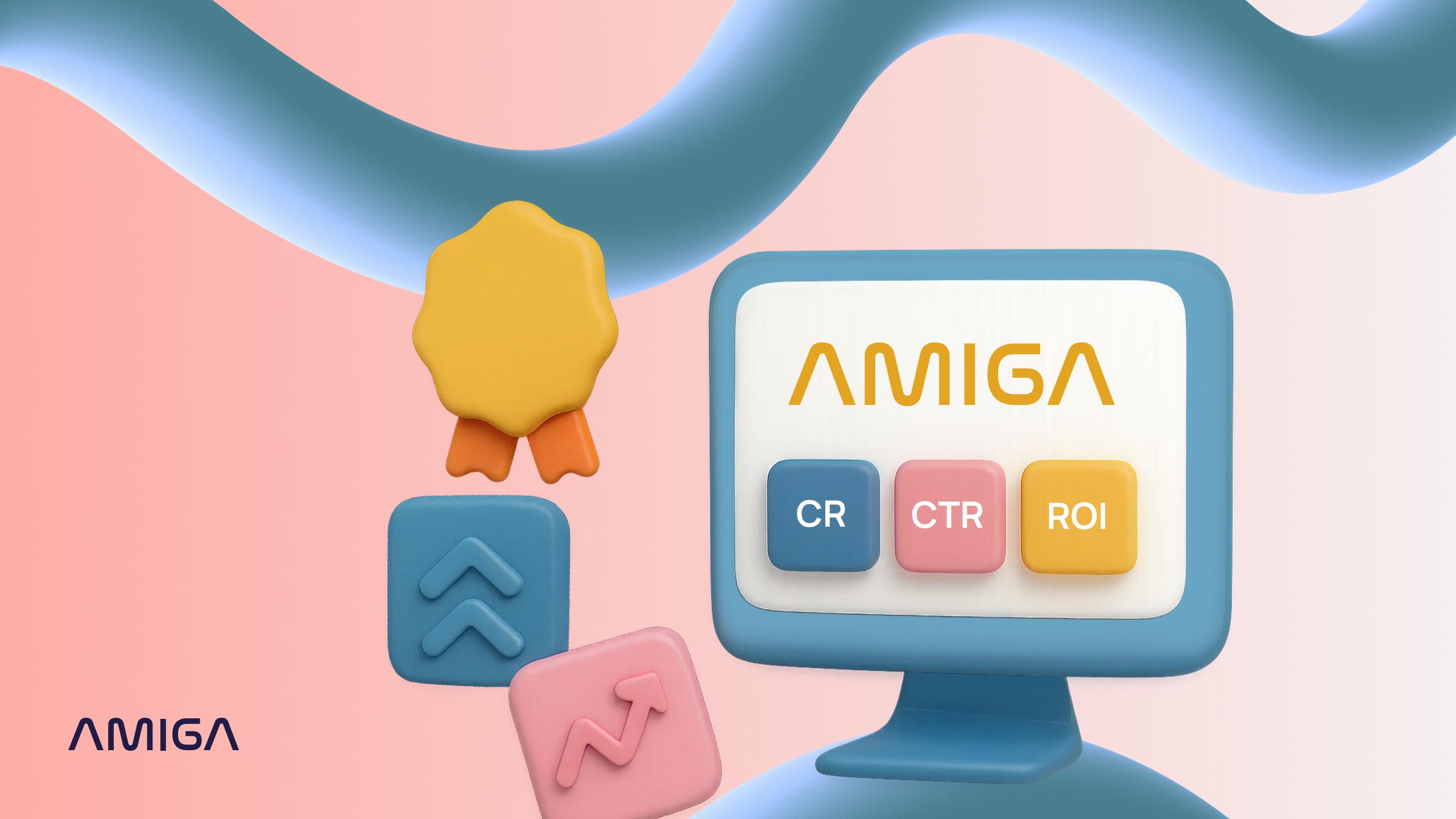 3D-иллюстрация: логотип AMIGA и показатели эффективности сайтов CR, CTR, ROI