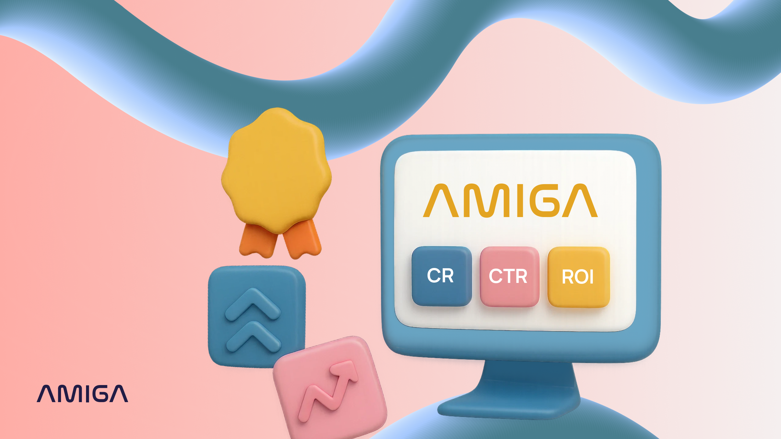 3D-иллюстрация: логотип AMIGA и показатели эффективности сайтов CR, CTR, ROI